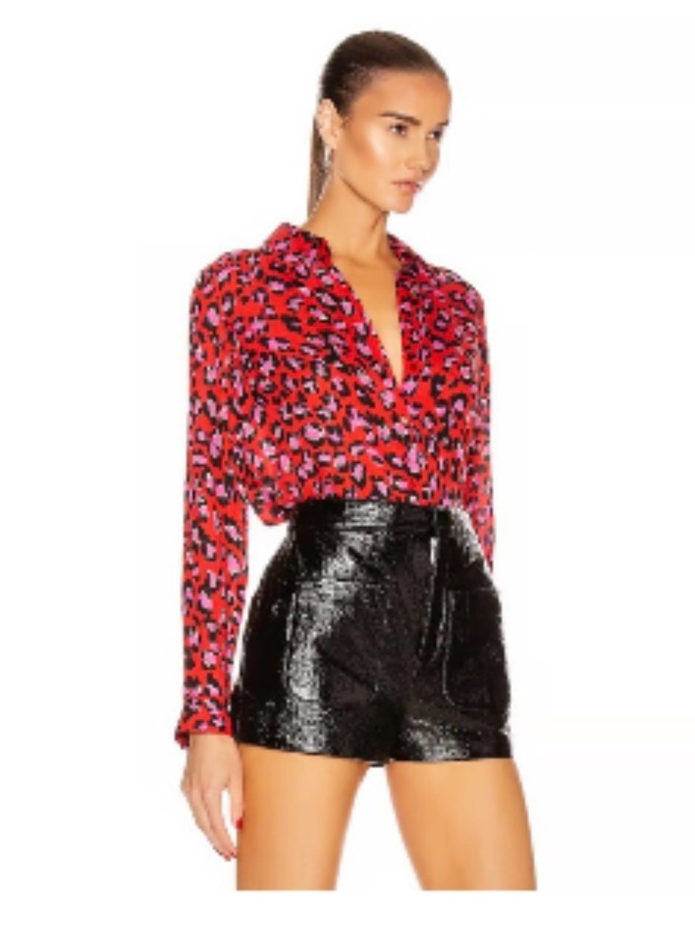 L'AGENCE Red and Pink Leopard Print Long-Sleeve Blouse Sz XS NWT